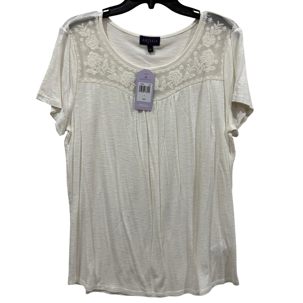 ARTESIA Womens Ivory Lace Yoke Knit Tunic Top Shirt Size L